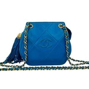 CHANEL Coco Mark Fringe Lambskin Chain Shoulder Bag Blue 39736